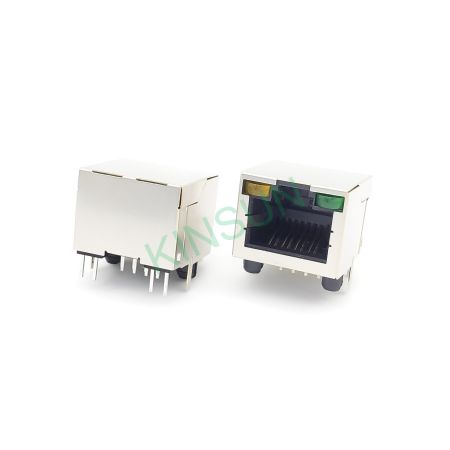 側入式 RJ45 8P8C 10P10C LED燈 金屬外殼 THT THR PCB上板 - 3046系列 8P8C RJ45 帶LED燈與金屬外殼 THT版本